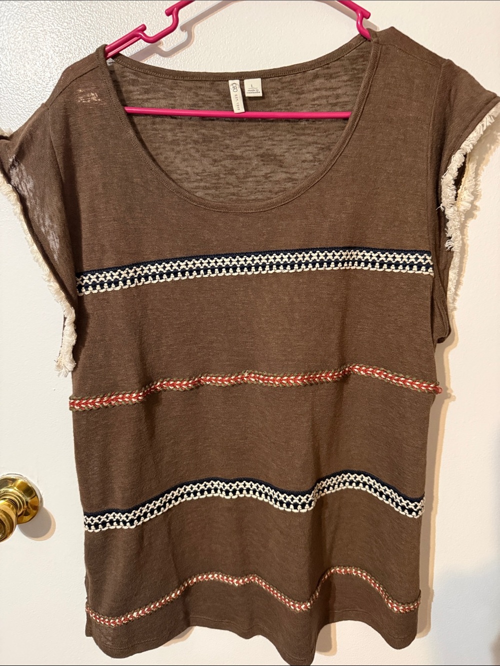 Cato Brown Short Sleeve Top with Crochet Trim